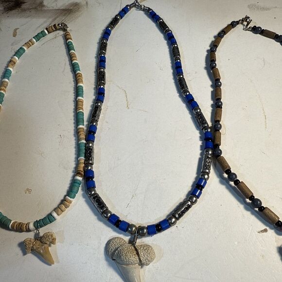 Shark Tooth Pendant Beaded Necklaces Bundle Of Three (3) 1@18” 2@16” Used Fair - Picture 3 of 12